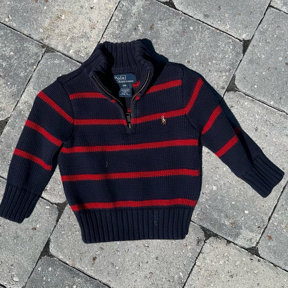 Ralph Lauren Navy Sweater with Red Stripes Half-Zip